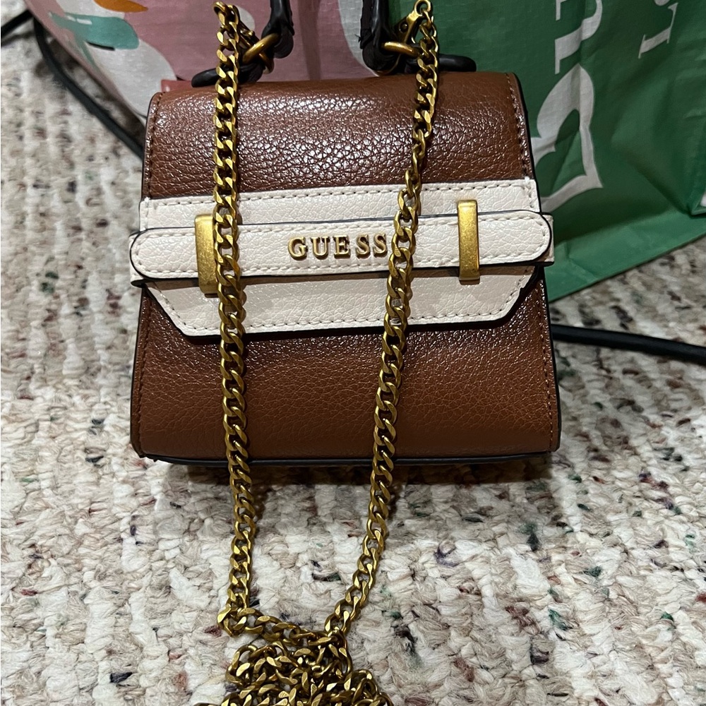 Guess New W/O tag Micro Mini Bag in Brown and White with Gold Chain